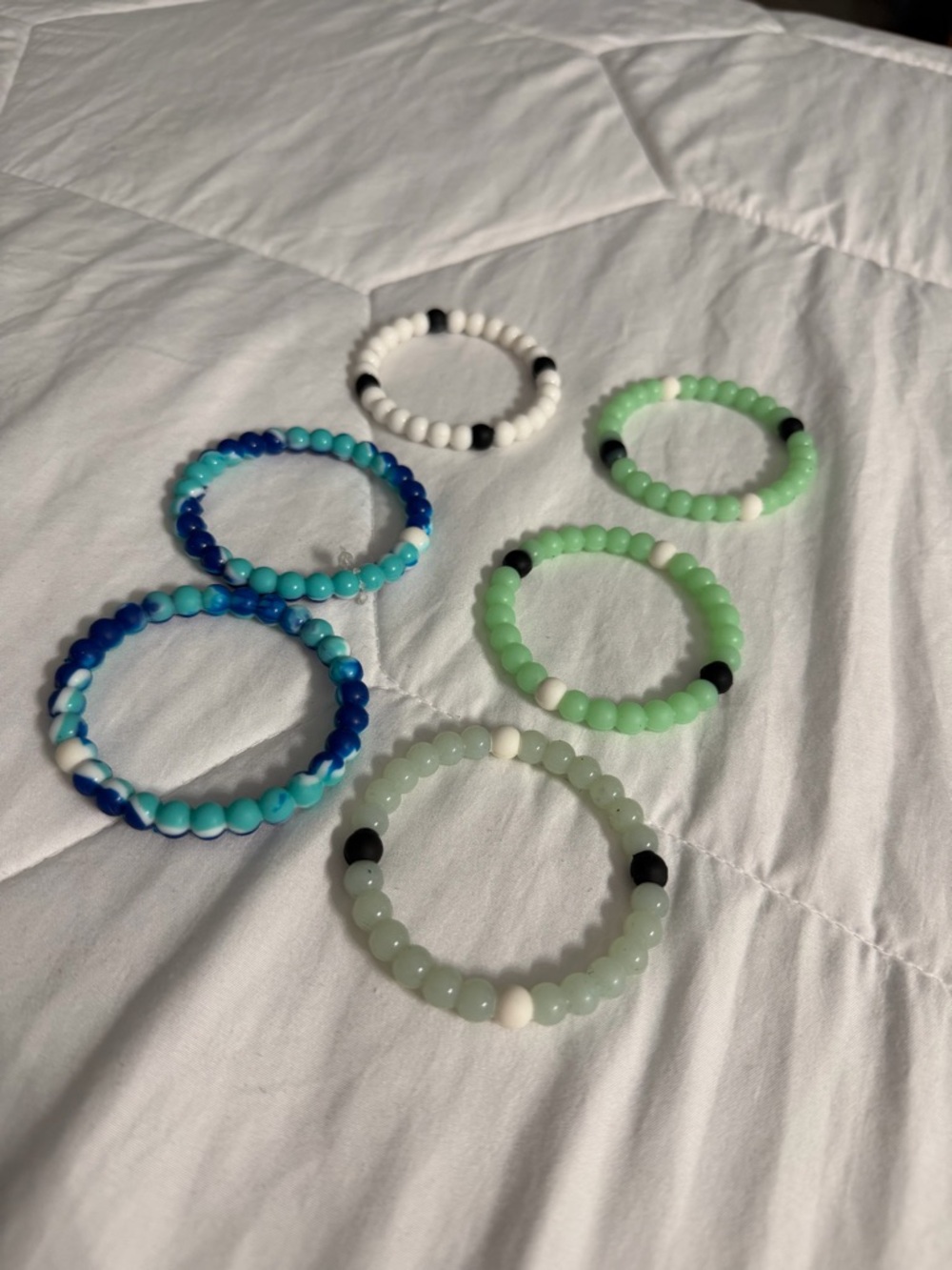 Set of 7 Beaded Stretch Bracelets - Blue, Aqua, Mint & White